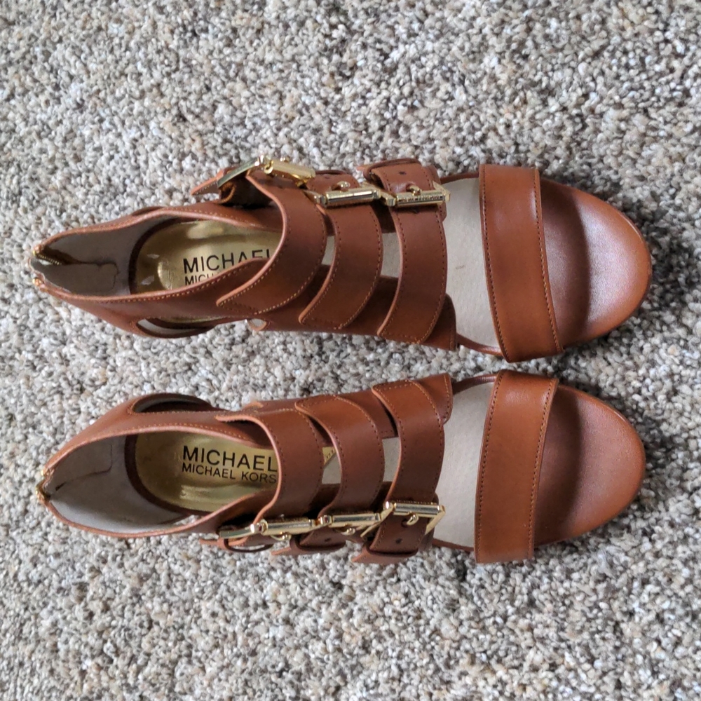 Michael Kors Brown 3" Heel Zip Back Leather Open Toe Sandals
